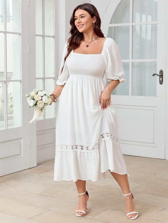 SCOMCHIC Women's Plus Size Maxi Dress Short Sleeve Square Neck Smocked Flowy A-Line Lace Trim Boho Wedding Guest Dresses – Bild 2