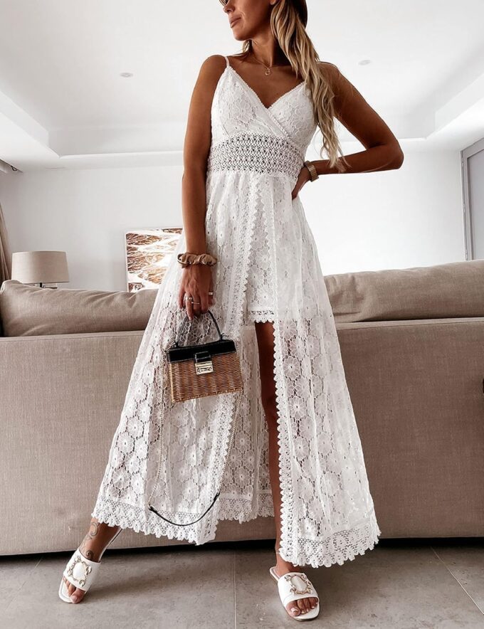 Generisch Sommerkleid Damen V Ausschnitt Floral Spitze Quasten Spaghetti Trägerkleid Freizeitkleider Hi-Low Party Boho Beach Maxi Dress, XS-3XL – Bild 6