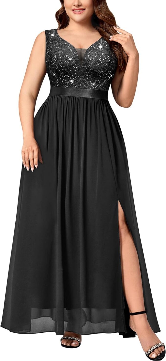 Knitee Women's Plus Size Sequin Lace Deep V-Neck Sleeveless Slit Formal Evening Maxi Dresses
