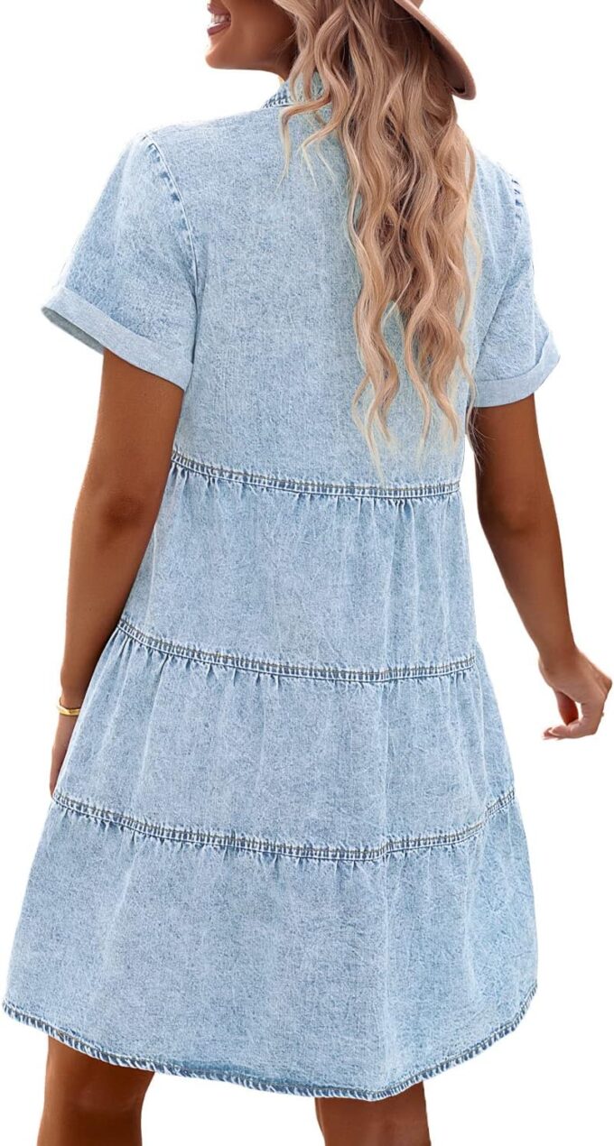 GRAPENT Denim Dress for Women Babydoll Tiered Short Sleeve Button Down Jean Shirt Dresses – Bild 2