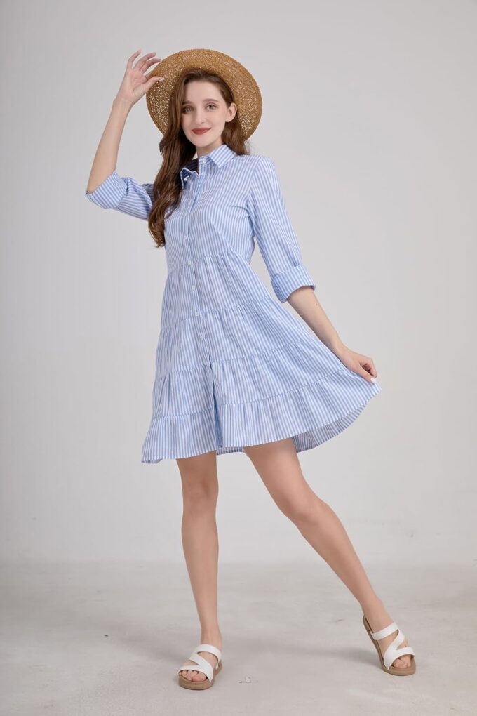 utcoco Womens Striped Button Down Midi Shirt Dress Casual Loose Cuffed Long Sleeve Mid Long Dresses – Bild 2