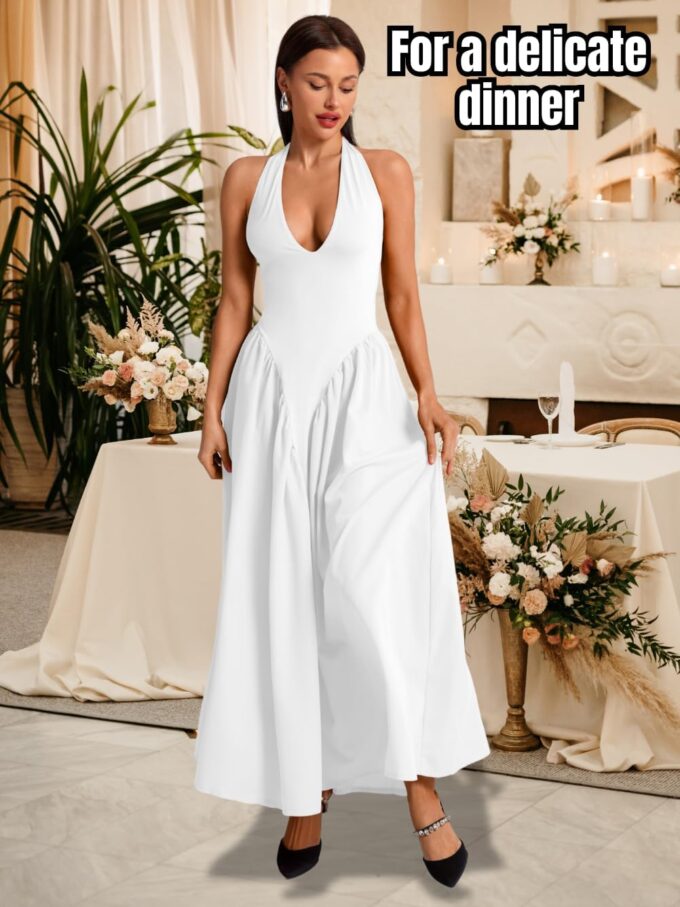Deep V Neck Dress, Halter Maxi Dresses, Vacation Date Night, Sexy for Women Corset Flowy Wedding Guest Drop Waist – Bild 5