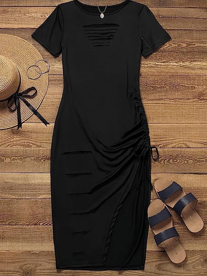 FECAFO Cut Out Hollow Out Ruched Slit Bodycon Dress for Women Sexy Side Slit Drawstring Club Party Short Sleeve Midi Dresses – Bild 4