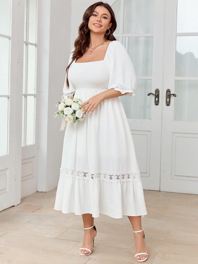 SCOMCHIC Women's Plus Size Maxi Dress Short Sleeve Square Neck Smocked Flowy A-Line Lace Trim Boho Wedding Guest Dresses – Bild 3
