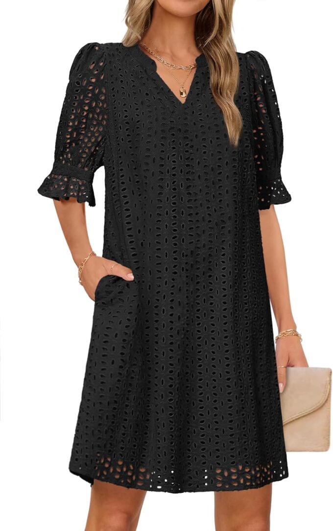 MEROKEETY Women's 2025 Summer Short Sleeve Mini Dress V Neck Ruffle Hollow Out Eyelet Lace Dresses