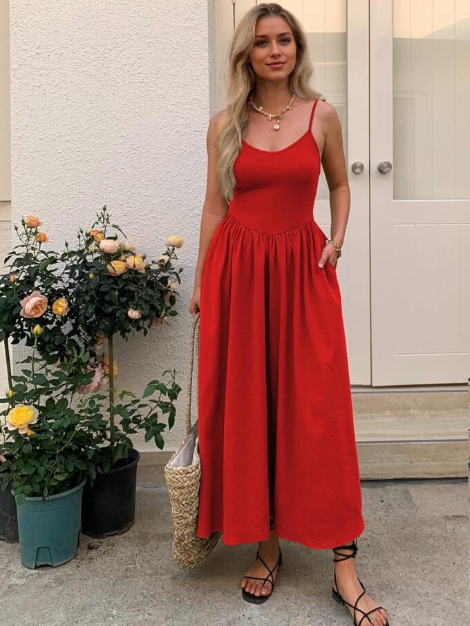 Women’s Sleeveless V-Neck Maxi Dress with Pockets – Slim Fit Casual Summer Spaghetti Strap Dress for Vacation – Bild 5