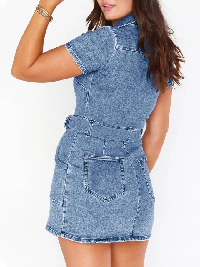 Wenrine Womens Summer Denim Dresses Bodycon Zipper Front Belted Sexy Mini Casual Dress with Pockets – Bild 3