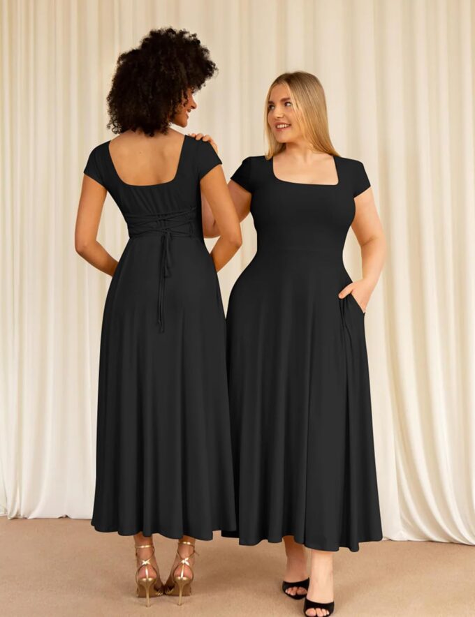 YMDUCH Women's Casual Short Sleeve Square Neck Solid Slim Flowy Maxi Dress with Pockets – Bild 6