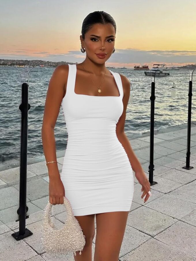 BORIFLORS Women's Sexy Bodycon Corset Mini Dresses Square Neck Ruched Sleeveless Club Party Short Dress – Bild 4