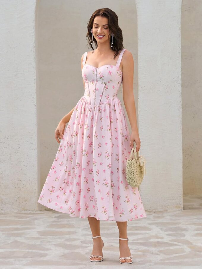 KUTUMAI Floral Corset Midi Dress Flowy Slit Summer Spring Wedding Guest Dresses for Women Sundress with Pockets – Bild 6