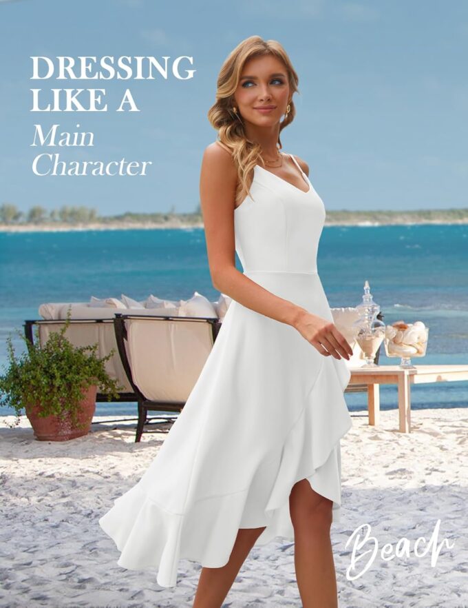 DRESSTELLS Cocktailkleid Damen Festlich Träger Hochtief Kleider für Hochzeit Knielang Rüschensaum Sommerkleid Elegantes Partykleid – Bild 2