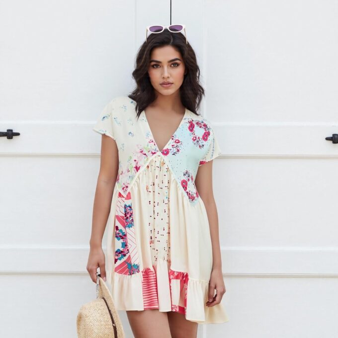 Women’s Boho Mini Dress Y2k Floral Print Deep V-Neck Puff Sleeve Short Dress 2025 Summer Loose Beach Sundress – Bild 6