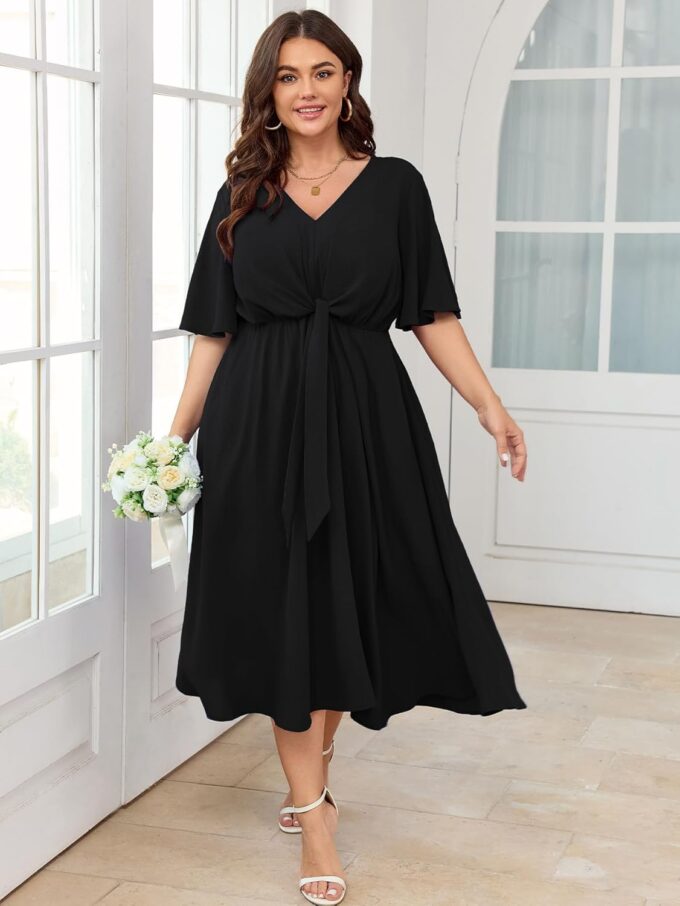 SCOMCHIC Women Plus Size Midi Dresses Wedding Guest Short Sleeve V Neck Tie Waist Casual Summer Flowy A Line Dress – Bild 3