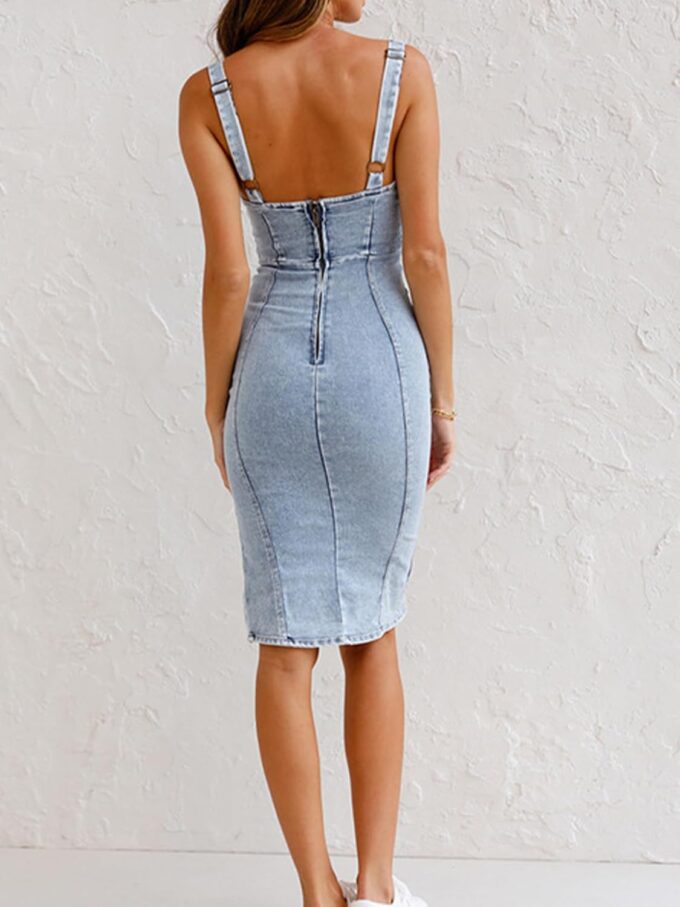 Conshvi Women's Sleeveless Bodycon Denim Tank Dress Scoop Neck Zip Up Side Slit Stretchy Wrap Club Party Jean Midi Dresses – Bild 5