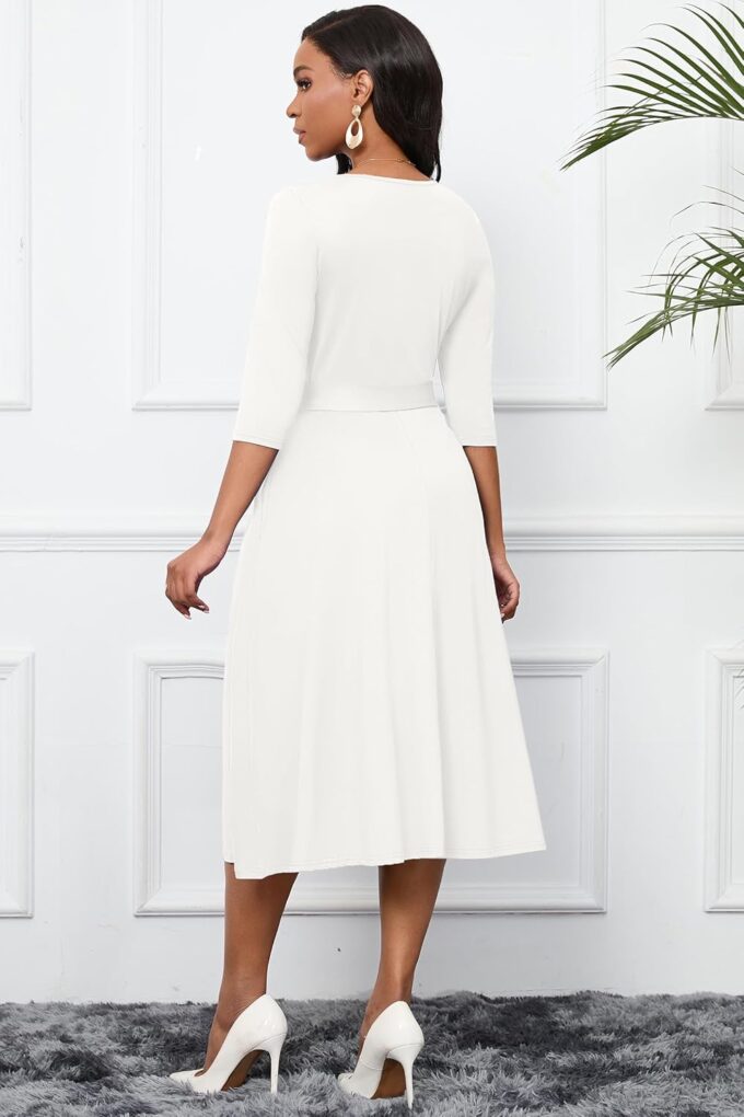 CLOCOR Midi Dresses for Women Casual A-Line Fit and Flare Dress Crewneck 3/4 Sleeve Keyhole Cocktail Party Church Dress – Bild 3