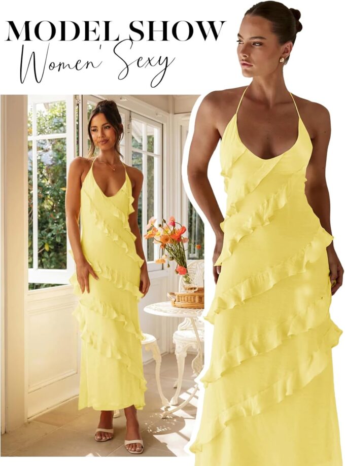 Wenrine Womens Sexy Chiffon Halter Maxi Dress Sleeveless Backless Ruffle Tassel Party Club Dresses – Bild 5