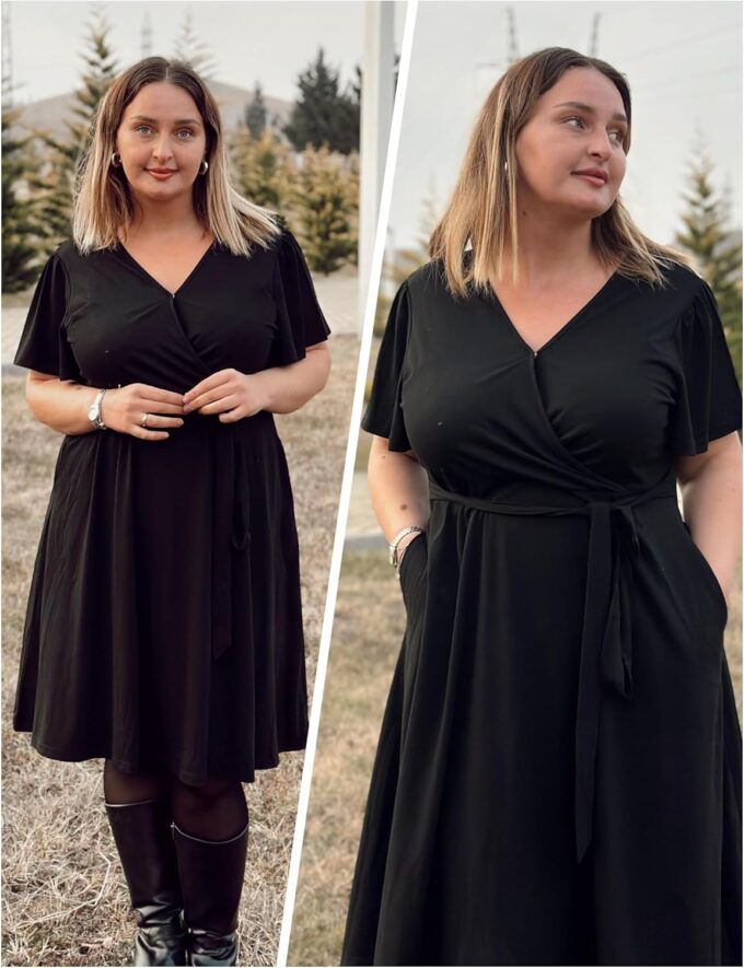 IN'VOLAND Women's Plus Size V Neck Knee Length Dress Casual Floral Dresses Summer Short Sleeve Sundress with Pockets – Bild 6