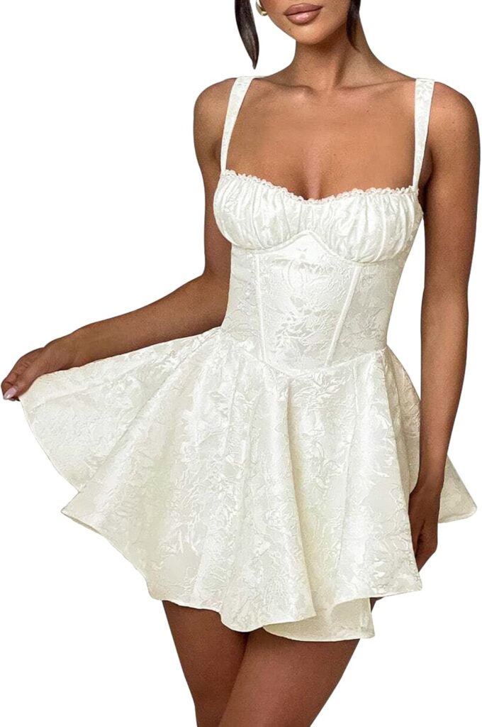LuFeng Womens Sweetheart Neckline Satin A-line Spaghetti Straps Jacquard Mini Dress Bow Sleeveless Cocktail Prom Dress – Bild 2