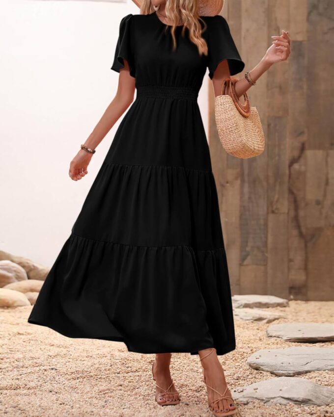 PRETTYGARDEN Women's Summer Casual Short Flutter Sleeve Round Neck Smocked Waist Tiered Boho Floral Flowy Maxi Dress – Bild 3