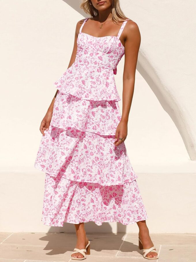 Fisoew Womens Floral Maxi Dresses Spaghetti Strap Casual Sleeveless Ruffle Flowy Tiered Dress – Bild 2