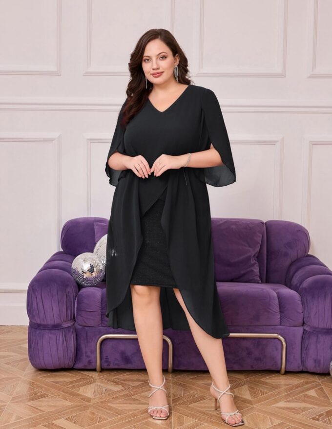 Hanna Nikole Womens Plus Size Chiffon Cocktail Dress Ruffle 3/4 Sleeve Wedding Guest Party Dresses with High Low Hem – Bild 6