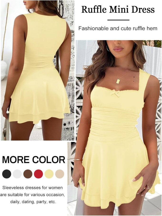 Women's Square Neck Ruffle Mini Dresses Ruched Waist Slim Sleeveless Corset Dress for Women Summer Short Party Dress – Bild 2