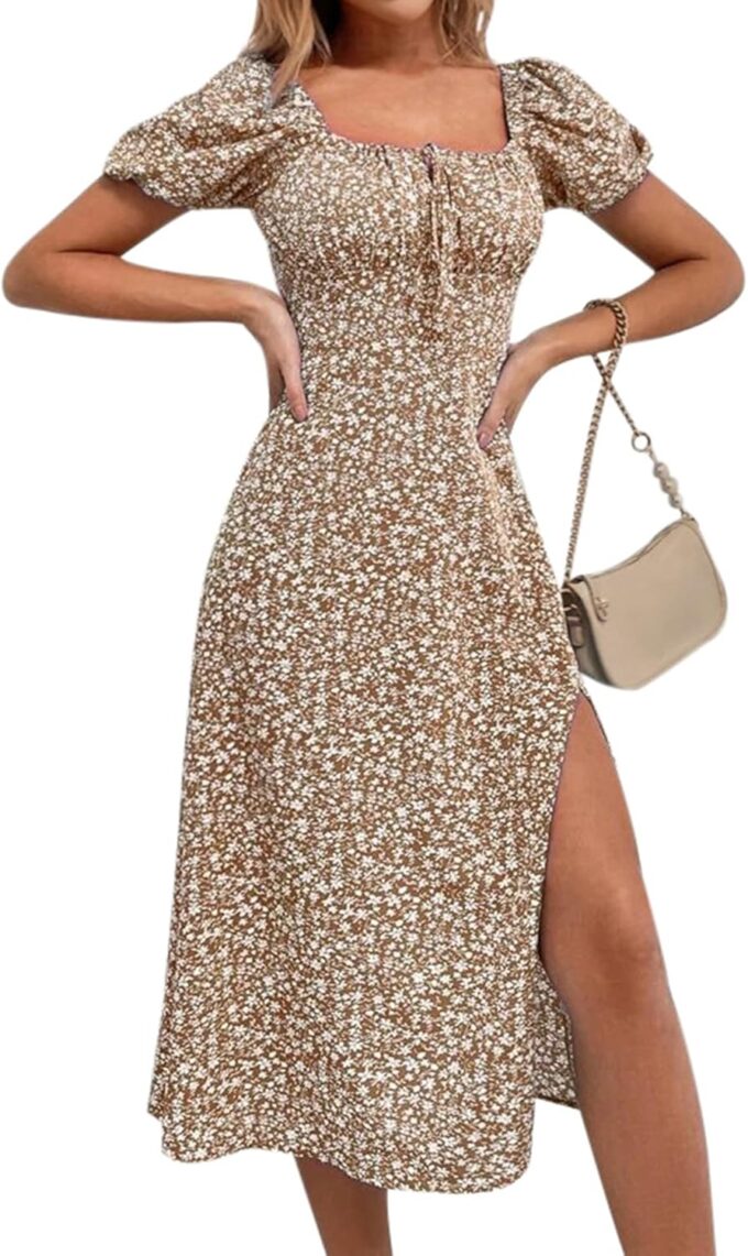 SPRIME Women's Floral Summer Casual Dress Square Neck Puff Sleeve Boho Midi Dresses Ruched Bust High Waist Split Long Dress – Bild 4