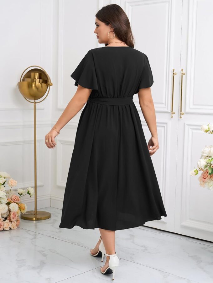 Womens Plus Size Dress Wedding Guest Cocktail Pleated V Neck Wrap V Neck Flowy A Line Midi Dresses with Belt – Bild 7