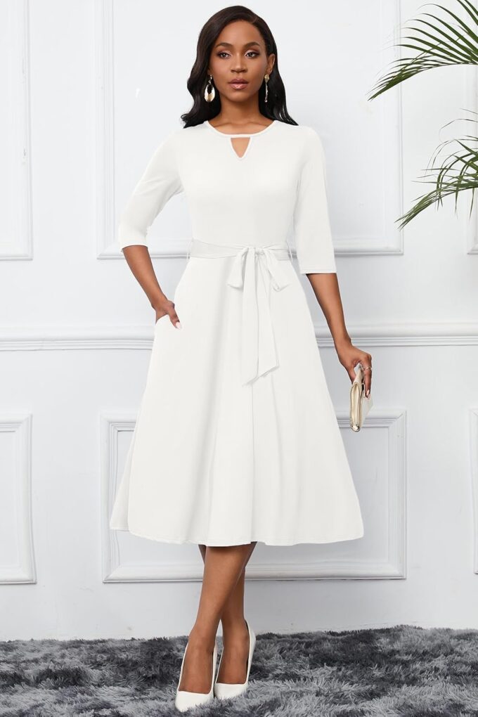 CLOCOR Midi Dresses for Women Casual A-Line Fit and Flare Dress Crewneck 3/4 Sleeve Keyhole Cocktail Party Church Dress – Bild 2