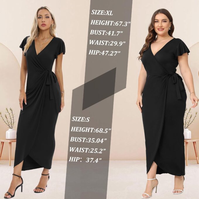 2025 Womens Deep Cross V Neck Ruffle Sleeve Tulip Hem Plus Size Work Cocktail Party Elegant Ruched Long Wrap Dress – Bild 5