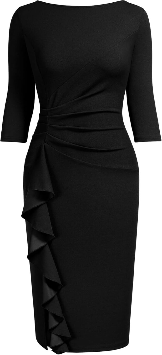 AISIZE Damen Retro 3/4 Ärmel Rüschen Elegant Business Bleistift Etuikleid – Bild 2