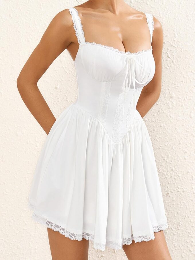 Womens Summer Mini Dress Square Neck Tie Front Lace Spliced Ruched Backless Casual Party Graduation Short Bodycon Dresses – Bild 2