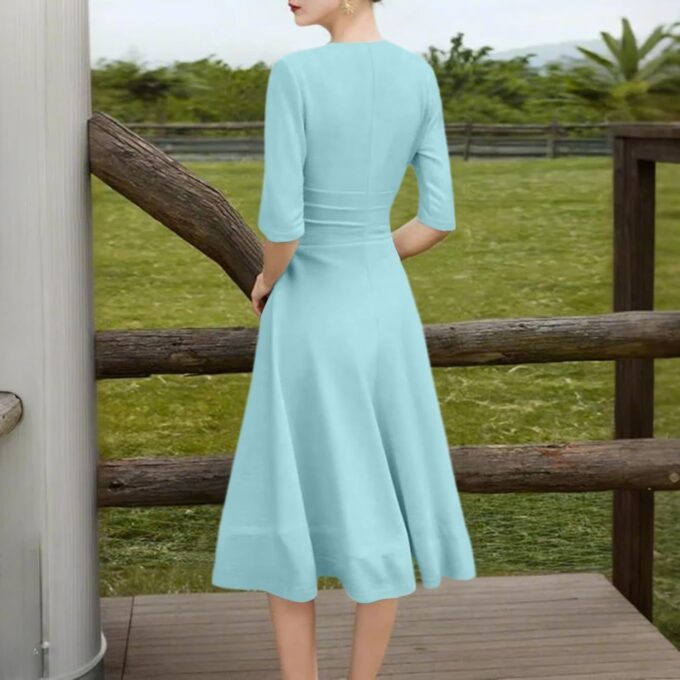Sommerkleider Damen Mode Mid Sleeve Mid Länge Kleid Solid Color Sexy V Ausschnitt Kleid – Bild 2