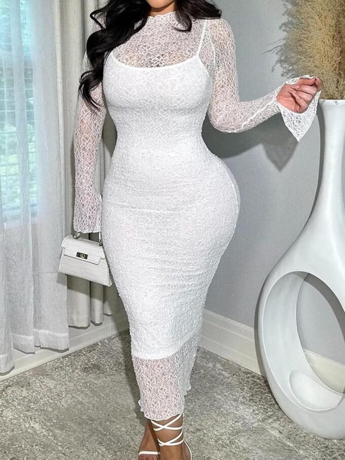 Uni Clau Womens Sexy Lace Dresses Long Sleeve See Through Bodycon Midi Dress 2 Piece Dress Set Birthday Date Night Outfit – Bild 3
