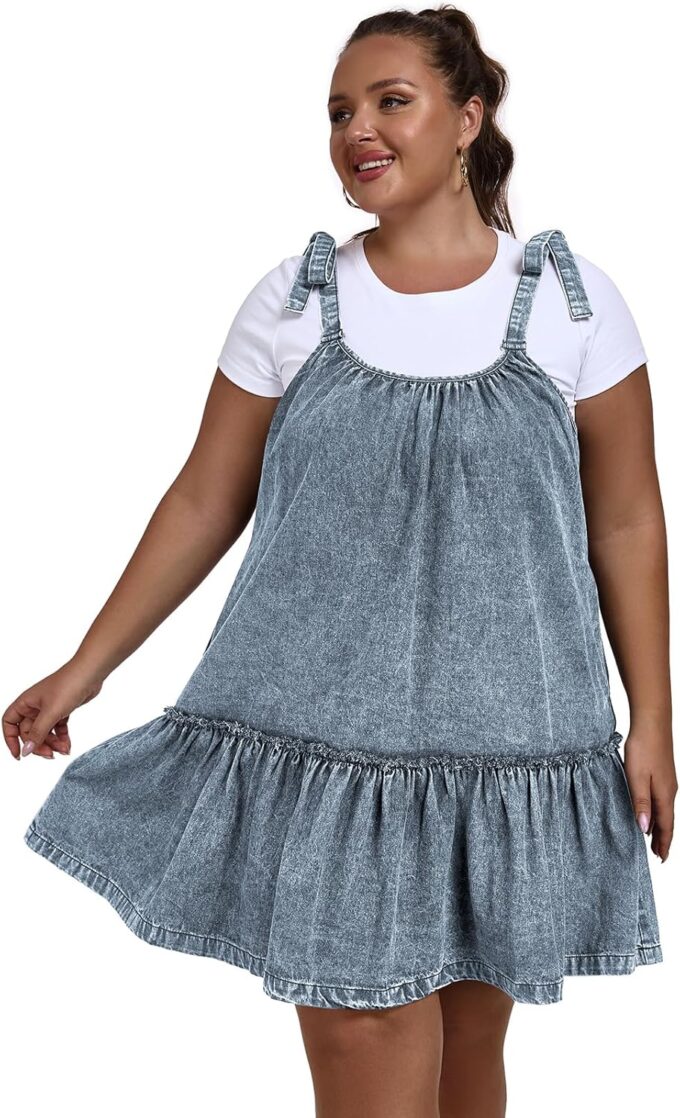 Women Denim Cami Dress Tie Shoulder Ruffle Hem Short Dresses Babydoll Wash Jean Sundress with Pocket – Bild 2