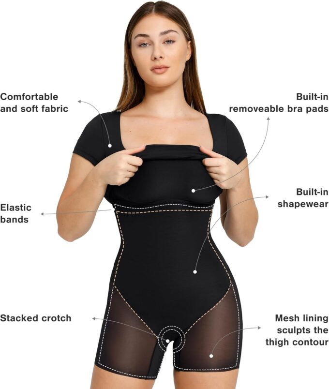 Popilush Summer Cocktail Midi Dresses for Women Shapewear Bodycon Short Sleeve Square Neck Dress – Bild 3