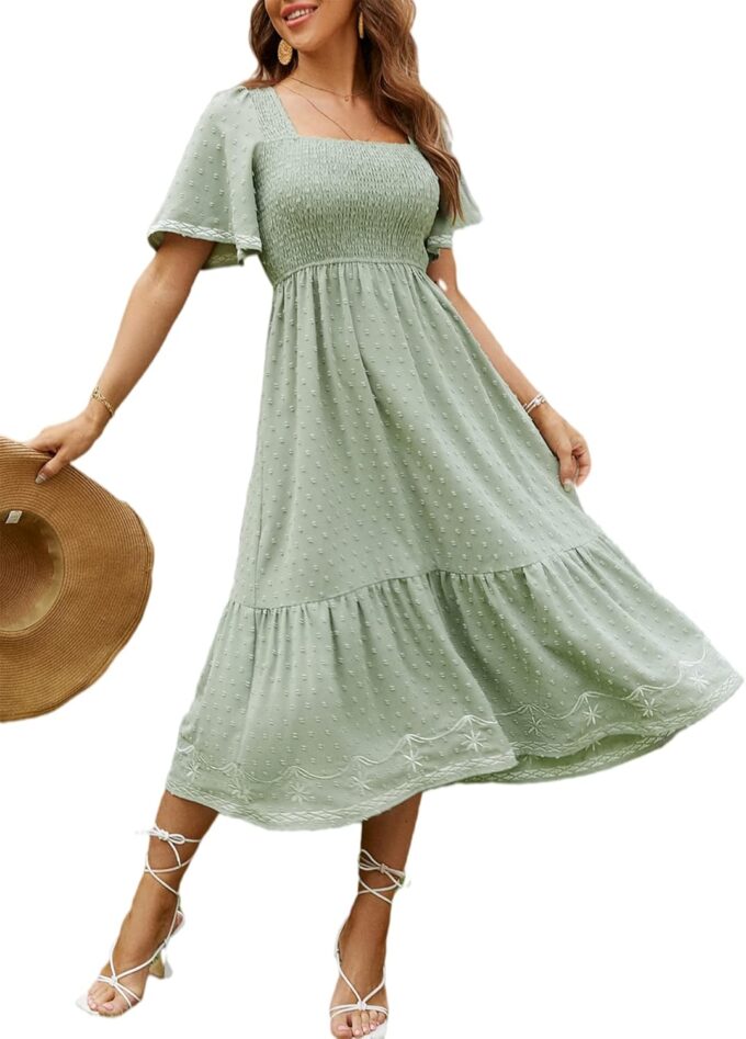 Glamaker Women's Short Sleeve Smocked Square Neck A Line Summer Flowy Maxi Long Dress