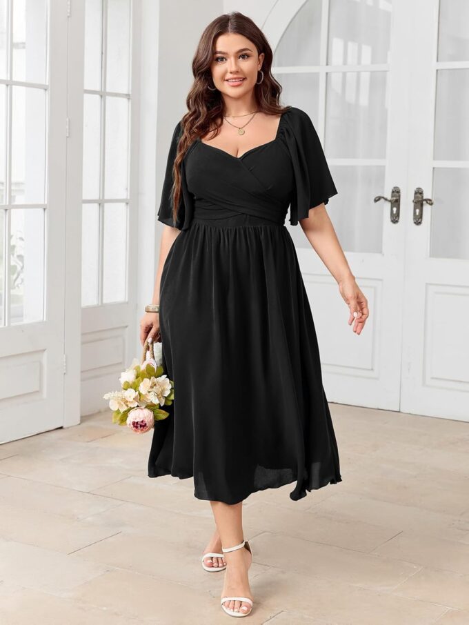 Women's Plus Size Midi Dress Sweetheart Neck Short Sleeve Wedding Guest Cocktail A Line Flowy Dress – Bild 4
