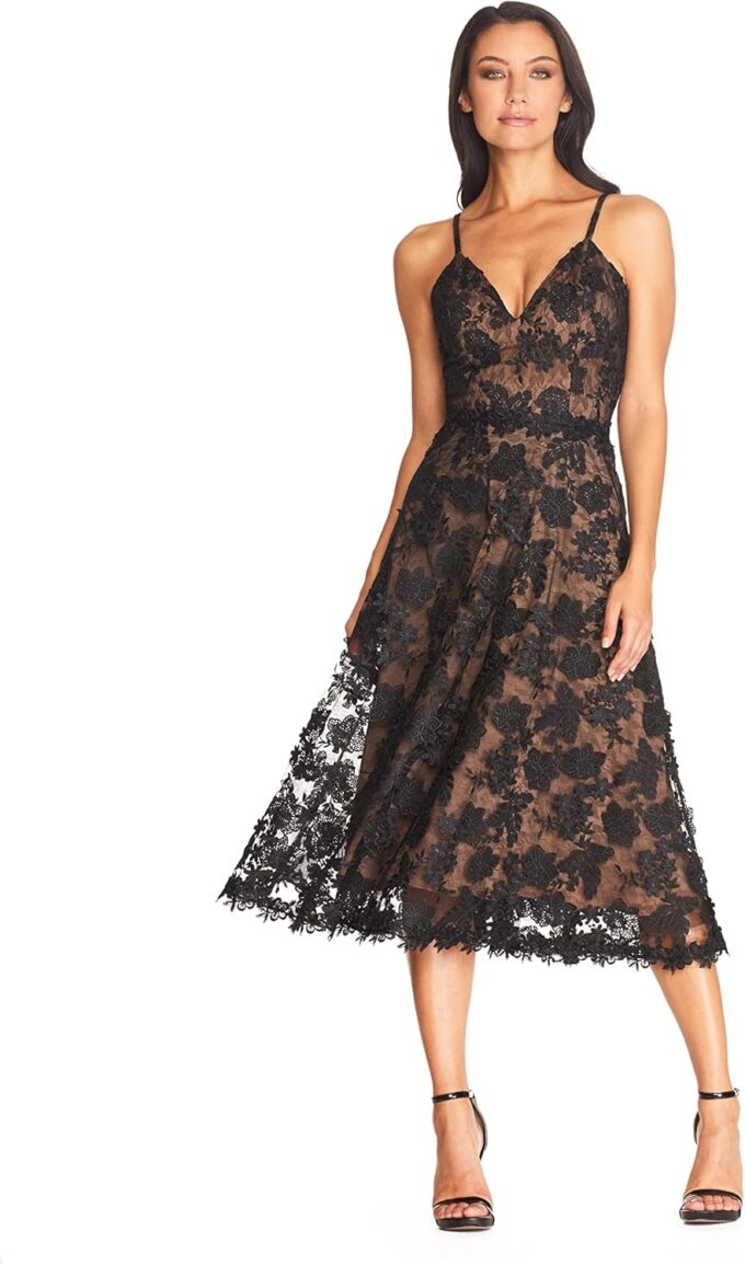 Dress the Population Women's Tahani Plunge Neckline Fit and Flare Midi Dress