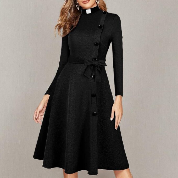 FAD-4U Kirche Klerus Kleid für Frauen Frühling/Herbst Langarm Reihen Knöpfe A Linie Kleid mit Tab Kragen und Gürtel – Bild 9
