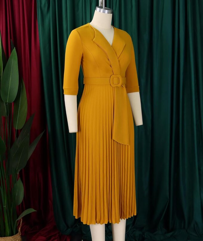 SOMTHRON Damen Elegant 3/4 Ärmel Blazer Kleid V Ausschnitt Revers Plissee Business Arbeit Swing Midi Kleid mit Gürtel – Bild 4