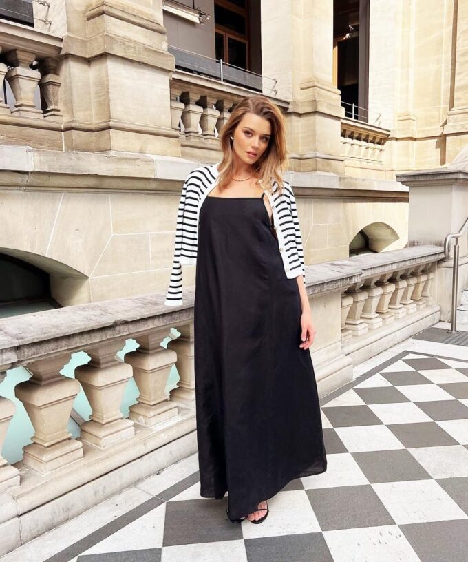Senllen Women's Linen Dress Summer Loose Flowy Sundress Contrast Spaghetti Strap Sleeveless Backless Beach Maxi Long Dresses – Bild 4
