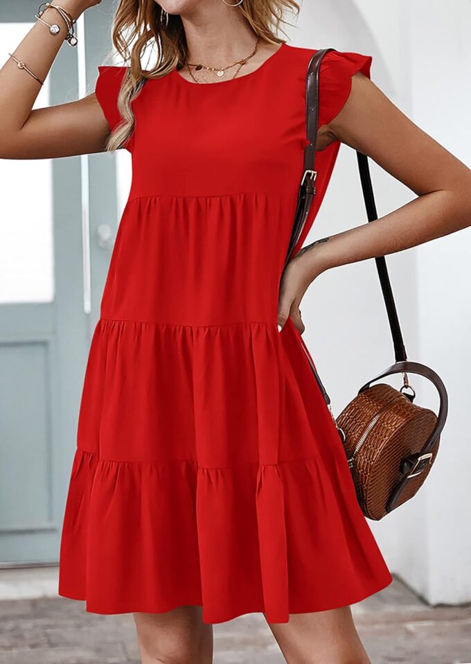 KIRUNDO Women's Summer Dresses Sleeveless Ruffle Sleeve Round Neck Solid Loose Short Flowy Pleated Mini Babydoll Dress – Bild 3