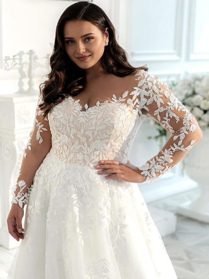 JAEDEN Spitze Brautkleid mit Ärmel Grosse Grössen Hochzeitskleider A-Linie Prinzessin Standesamt Brautkleider – Bild 3