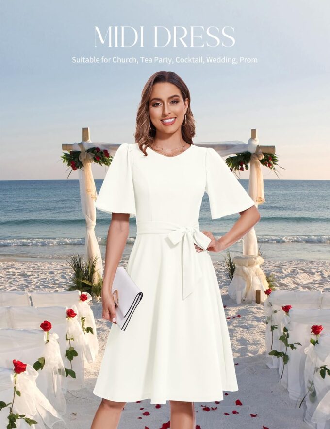 Bbonlinedress Cocktailkleid Damen Kurzarm midilang festlichs Kleid mit Gürtel Abendkleider elegant für Hochzeit Partykleider – Bild 3