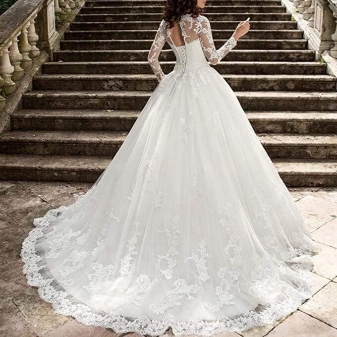 CongMing-huajia Hochzeit Damen Hochzeitskleid Hochzeiten Kleider Lang Abendkleid Hochzeitskleid Spitze Maxikleid Stickerei Langarm Weiß – Bild 2