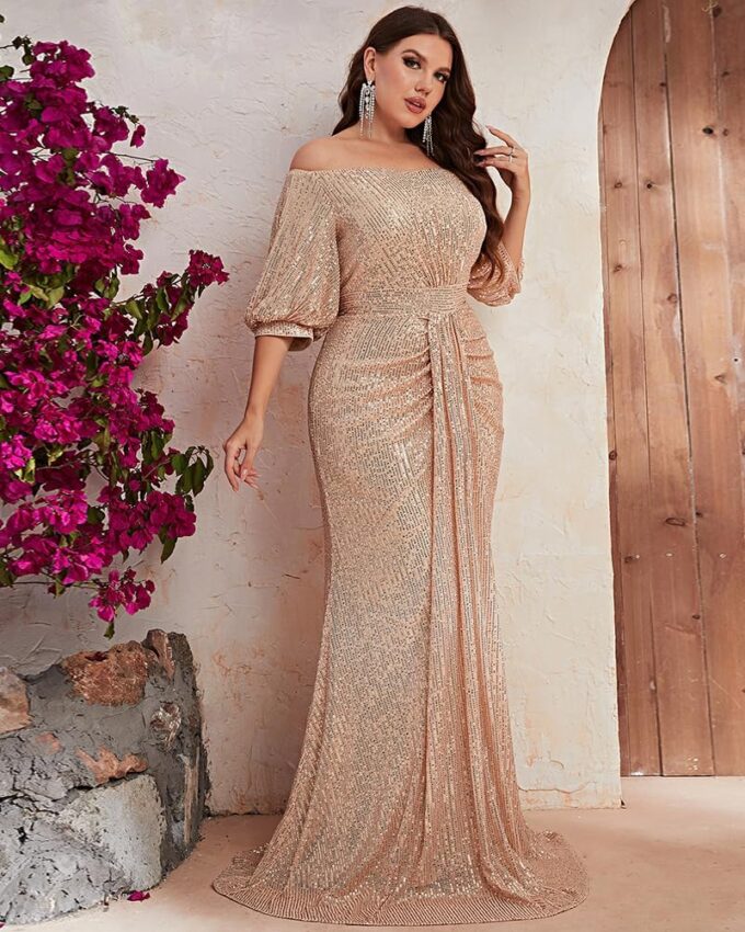 Women's Plus Size Off Shoulder Puff Sleeve Sequin Formal Maxi Dress Evening Party Gowns – Bild 4