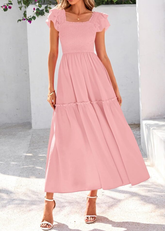 KIRUNDO Womens Summer Wedding Guest Dress 2025 Smocked Ruffle Flutter Short Sleeve Square Neck Flowy Tiered Midi Sundress – Bild 7