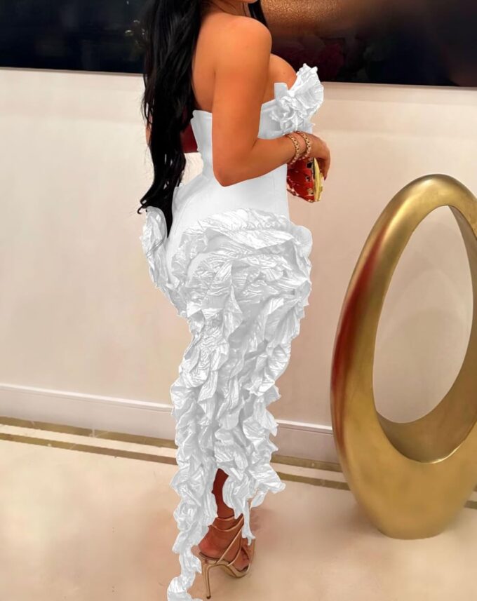 IyMoo Women Sexy Strapless Ruffle Bodycon Dress Solid Color Fringe Slim Party Cocktail Bandage Dresses – Bild 6