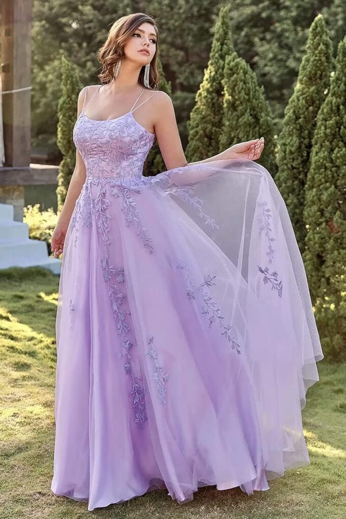 Ballkleid Damen Aus TüLl Mit SpaghettiträGern Lange Spitzenapplikationen Brautkleider - A Linie Formelle Party Abendkleider Ballkleider Lang Cocktailkleid Brautjungfernkleid – Bild 4